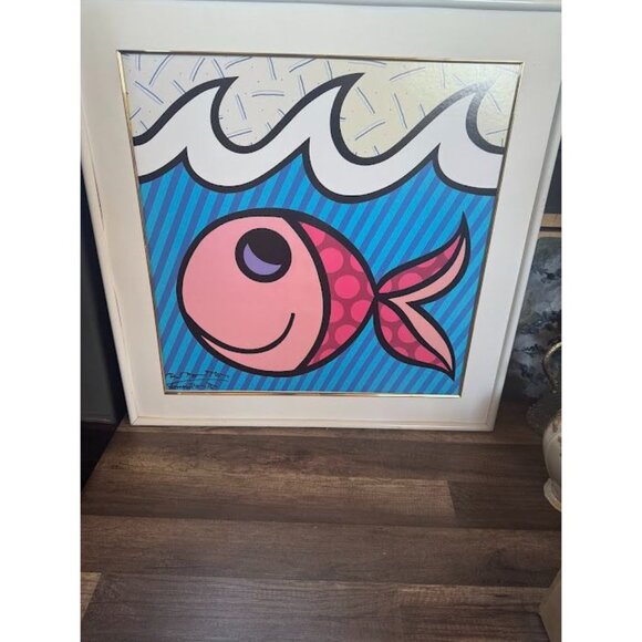Romero Britto 1996 Framed Pop Art Print "Fish" 36x36 Inches Signed Twice by the - Picture 4 of 4
